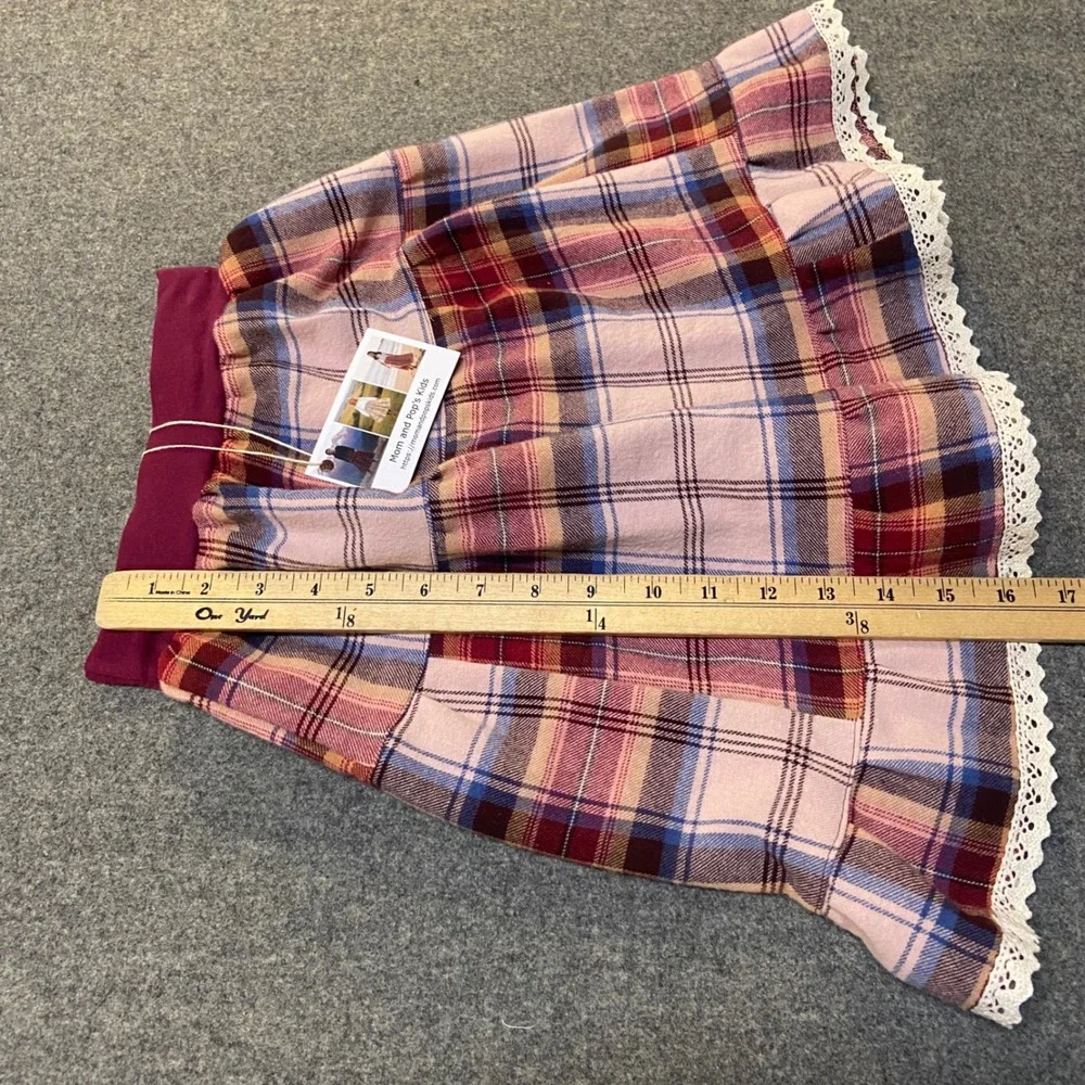 Girls Flannel Mom and Pop's Kids Midi Skirt Size 3 Pink Plaid Upcycled Lace